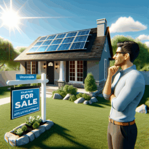 Imagine a sunny day with a beautiful blue sky. There's a residential house with a solar panel kit installed on the rooftop. The glistening solar panels, as they capture sunlight, emphasize the concept of renewable energy. There is a 'For Sale' sign planted in the neatly maintained front lawn that showcases exclusive affordable deals on the solar panel kits. A Hispanic male homeowner looks on, pleased with how the sustainable technology has added value to his property. The scene represents a sustainable future and the affordable accessibility of clean energy.
