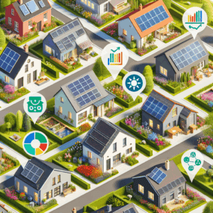 An image showcasing a variety of residential homes, from traditional to contemporary, all equipped with solar panel systems on their rooftops. Among these houses, include some with gardens blooming with variety of colorful flowers. Let's have a predominantly sunny sky depicting sustainable solar energy usage. Add some visually-appealing graphs and icons depicting energy efficiency and cost savings due to solar energy, floating around the neighborhood. The motif of sustainability and affordability should be evident throughout the image. Please do not include any people.