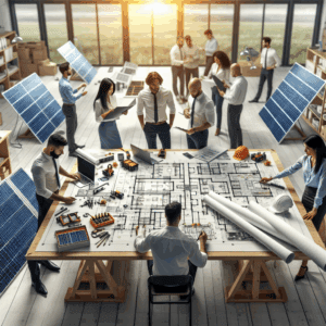 Imagine a scene where there's a busy solar energy system company office. Engineers of Hispanic and South Asian descent, both male and female, are discussing plans on their drafting tables. Blueprints and diagrams showcasing affordable solar solutions are spread across the tables. High-tech solar panels and various tools are strewn around the office, tangible symbols of innovative, eco-friendly solutions. The scene is well-lit with natural light, symbolic of the solar energy at the heart of their operations.