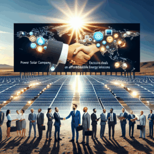 Picture a large, gleaming solar power plant covering a vast desert landscape. The sun rays fall on the numerous solar panels installed across the field, reflecting bright light at some points. The foreground includes a big billboard displaying 'Power Solar Company: Exclusive Deals on Affordable Energy Solutions' in bold letters. Business professionals of different descents (Caucasian, Hispanic, Black, Middle-Eastern, South Asian) and genders are shown shaking hands, signifying a deal agreement. An aura of energy conservation, affordability and environmental friendliness surrounds the scene.